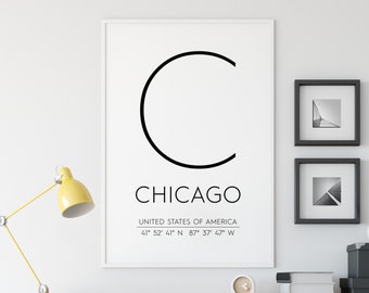 Chicago Coordinates Print, Minimalist City Wall Art (Digital Download)