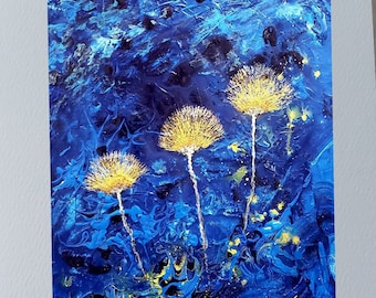 Carte anniversaire Fleurs or sur fond bleu comme la nuit  style contemporain carte de souhait sans texte avec enveloppe blanche à offrir