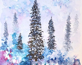 Carte anniversaire forêt Sapins terrain et ciel bleu de style aquarelle carte de souhait vœux peinte à main avec enveloppe blanche à offrir