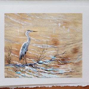 Carte anniversaire grand héron fait le guet sur une branche une douce coulé d'eau tout en douceur carte vœux souhait sans texte