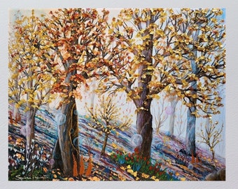 May include: An original painting of a forest scene with trees in autumn colors. The artwork features gold and brown leaves, with a textured, impressionistic style. The painting is set against a soft, light blue background, and is framed in a white matte.