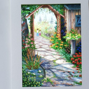 Carte souhait Paysage d'été jardin de fleurs aux couleurs rouge jaune personnage prenant une marche dans un sentier ensoleillé