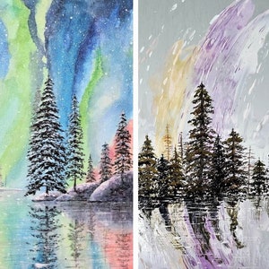 Birthday card Aurora borealis fir trees frozen water colorful sky pink blue yellow green mauve offered in duo greeting card wish without text