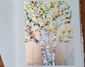 Birthday card Three birch trees with gold leaves as foliage, blank greeting card with white envelope to give as a gift