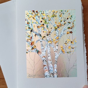 Carte anniversaire Trois arbres bouleaux à feuilles d'or en guise de feuillage, carte de souhait sans texte avec enveloppe blanche à offrir