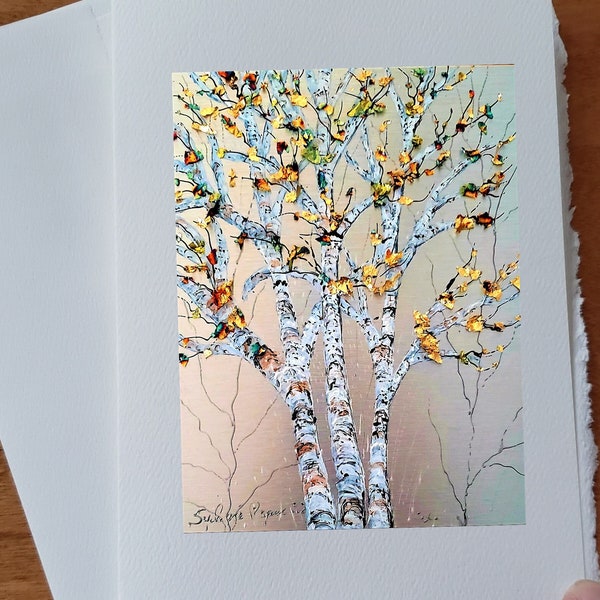 Carte anniversaire arbre bouleaux avec feuilles d'or en guise de feuillage carte de souhait sans texte avec enveloppe blanche a offrir