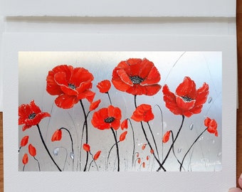 Birthday card red poppy flowers with silver heart flower bud with stems wish card greetings without text with white envelope