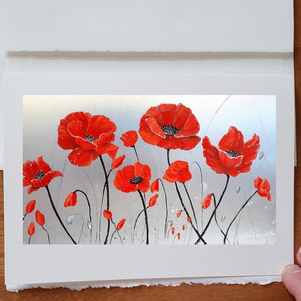 Carte anniversaire fleur coquelicot rouge au cœur argenté bouton de fleur avec tiges carte souhait vœux sans texte avec enveloppe blanche