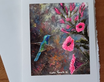 Carte anniversaire colibri  fleurs rose oiseau mouche butinant pour se beau nectar dans sa nature carte sans texte avec enveloppe blanche