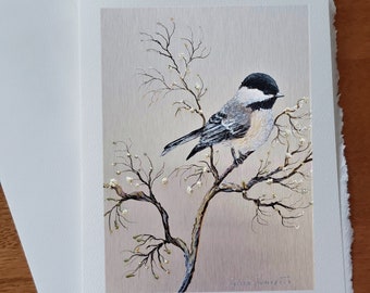 Carte anniversaire Oiseau mésange sur sa branche fleurs blanche paysage d'été carte sans texte avec enveloppe blanche à offrir