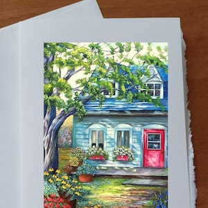 Carte paysage d'été arbres maison campagne bleu arbre fleurs blanche jaune rouge carte d'anniversaire vœux souhait sans texte avec enveloppe