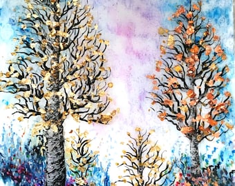 Pintura acrílica original Natureza floresta árvores ouro cobre chão cachoeira e flores em painel de madeira acabamento resina para placa