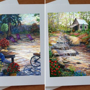Carte anniversaire  arbres été maison chute d'eau une cour arrière table bicyclette et pots de fleurs offert en duo carte vœux souhait