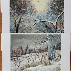 Tarjetas Paisaje invernal árboles abetos arroyo nieve en su belleza invernal ofrecidas como dúo dos tarjetas sin texto con sobre blanco