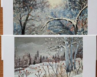 Cartes Paysage d'hiver arbres sapin ruisseau neige dans sa beauté hivernale offert en duo deux cartes sans texte avec enveloppe blanche