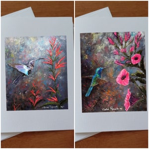Cartes anniversaire paysage été colibri fleur rose rouge oiseau mouche allant butiner dans les fleurs carte vœux souhait offert en duo