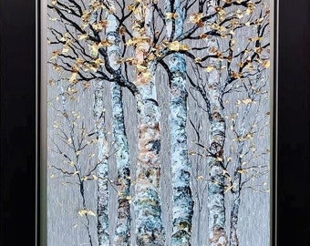 Tableau peinture originale Paysage d'automne grand bouleaux feuilles d'or acrylique sur plaque d'aluminium fini résine à tableau