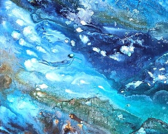 Pintura original Seascape ondas mar oceano em tons de azul estilo contemporâneo acrílico de grande formato sobre tela galeria