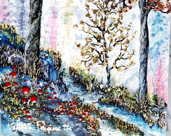 Tableau acrylique Paysage d'automne feuillage d'or, cuivre ciel coloré montagne et cour d'eau fleurs rouge Format unique original sur bois