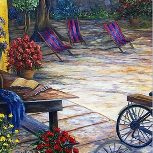 Landschapskaart met bloemen, achtertuin, stoelen, fiets, tafel, bloempot (rood, blauw, geel, oranje), verjaardagskaart zonder tekst