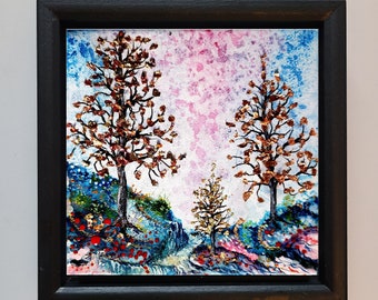 Tableau acrylique Paysage d'automne feuillage d'or cuivre avec montagne et cour d'eau fleurs rouge offert Petit format original