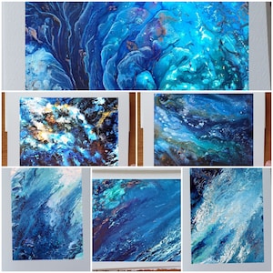 Birthday card sea ocean marine waves seabed in blue tones contemporary style. Set of 6 greeting cards without text