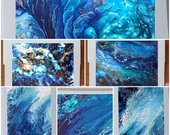 Carte anniversaire mer océan marine vagues fond marin dans les tons bleu style contemporain .Lot de 6 cartes vœux souhait sans texte