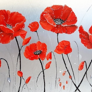Carte anniversaire fleurs coquelicot rouge au cœur argenté bouton de fleur avec tiges carte souhait vœux sans texte avec enveloppe blanche image 2