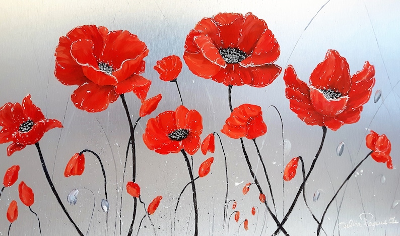 Carte anniversaire fleurs coquelicot rouge au cœur argenté bouton de fleur avec tiges carte souhait vœux sans texte avec enveloppe blanche image 2