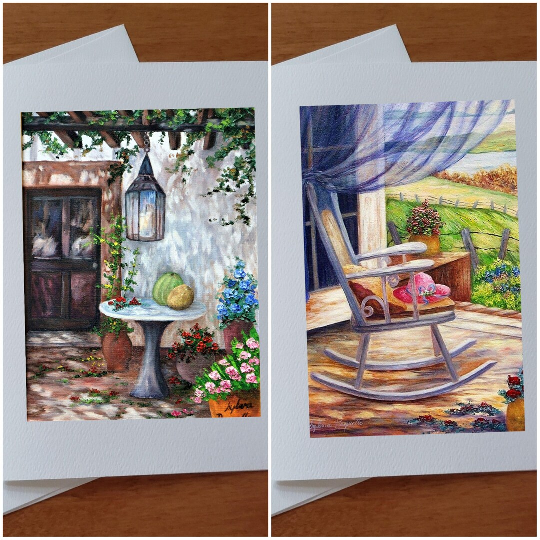 Contemplative Rocking Summer Landscape Cards Featuring a House, a Floral Painting, and a ...