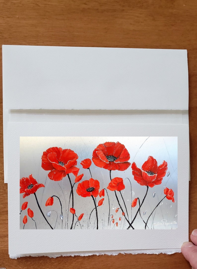 Carte anniversaire fleurs coquelicot rouge au cœur argenté bouton de fleur avec tiges carte souhait vœux sans texte avec enveloppe blanche image 1