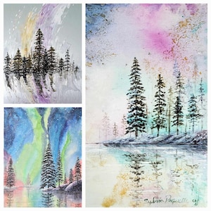 Carte d'anniversaire Aurore boréale ciel sapins reflet dans l'eau coloré rose bleu jaune vert une belle trilogie de 3 cartes de souhait vœux