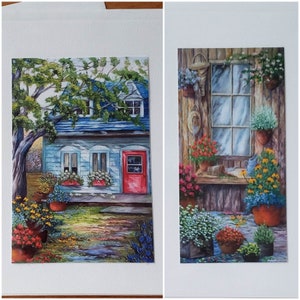 Carte anniversaire paysage d'été maison bleue et fenêtre fleuris terrain pots de fleurs de couleurs blanc rouge blanc jaune offert en duo
