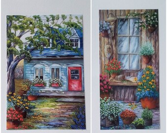 Carte anniversaire paysage d'été maison bleue et fenêtre fleuris terrain pots de fleurs de couleurs blanc rouge blanc jaune offert en duo