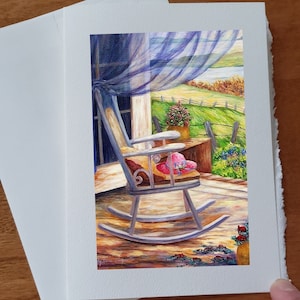 Carte anniversaire Chaise berçante rideau voilé avec un regard sur la nature carte vœux souhait sans texte avec enveloppe blanche a offrir