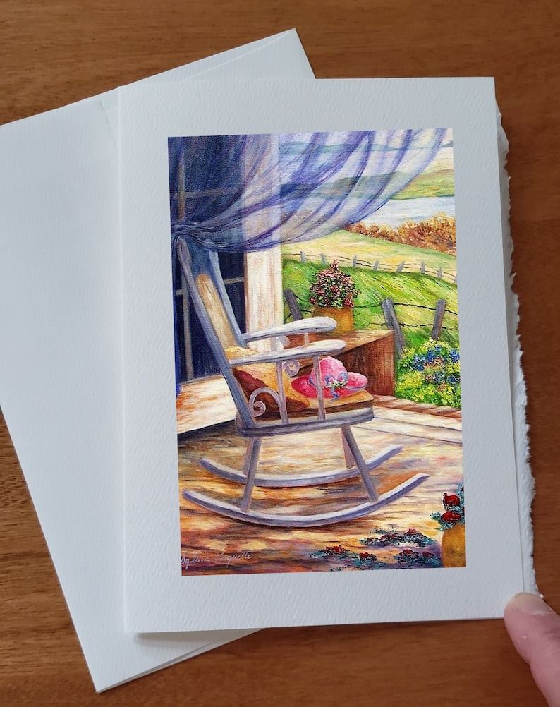 Carte anniversaire Chaise berçante rideau voilé avec un regard sur la nature carte vœux souhait sans texte avec enveloppe blanche a offrir image 1