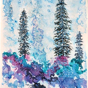 Geburtstagskarte Wald Tannen Bäume Feld grün lila rosa himmelblau Aquarell-Stil handgemalte Grußkarte mit Umschlag