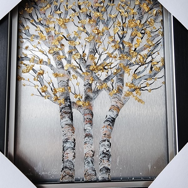 Original painting painting Autumn landscape birch trees with gold leaves Rare product acrylic painting aluminum plate resin finish