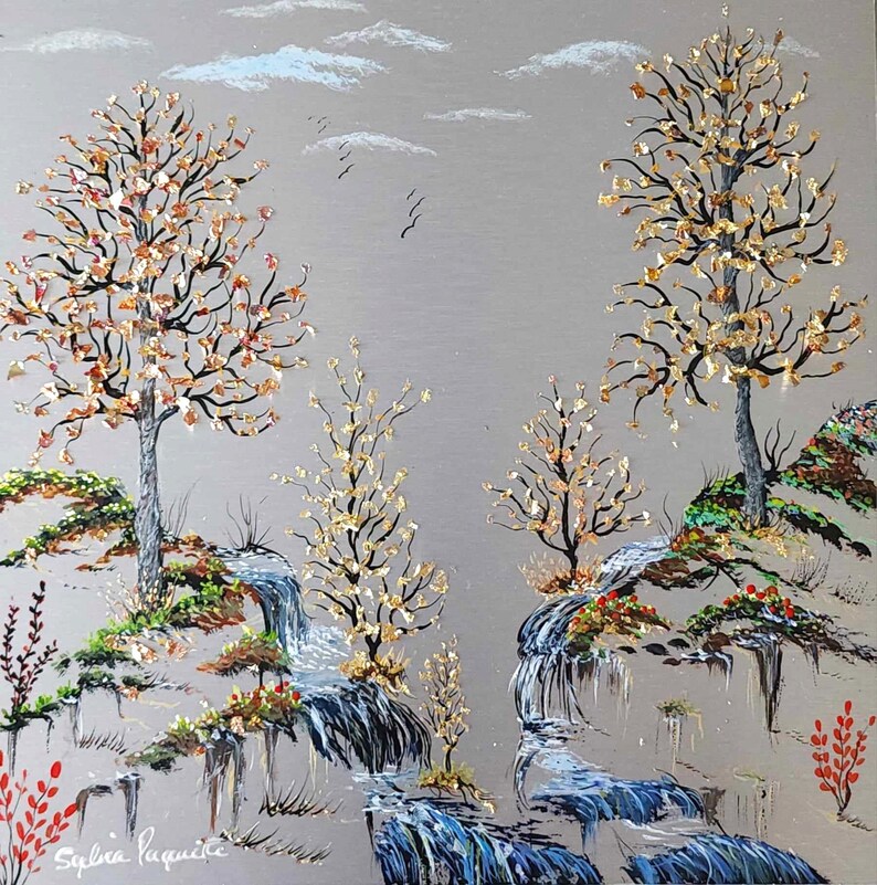 Table Original Painting Autumn Landscape Waterfall Gold Leaves Copper