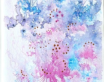 Carte anniversaire unique ciel aurore boréale imaginaire style abstraite aquarelle contemporaine carte de souhait sans texte avec enveloppe