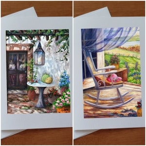 Carte anniversaire Paysage d'été maison porte pot de fleurs chaise berçante rideau contemplant cette belle nature offert en duo