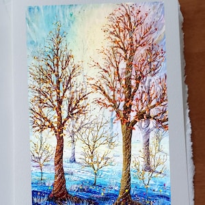 Carte Paysage automne arbres feuilles d'or cuivre terrain dans les tons de bleu carte anniversaire sans texte avec enveloppe blanche