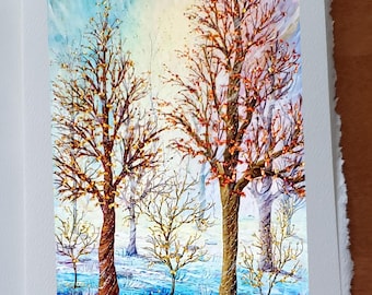 Carte Paysage automne arbres feuilles d'or cuivre terrain dans les tons de bleu carte anniversaire sans texte avec enveloppe blanche