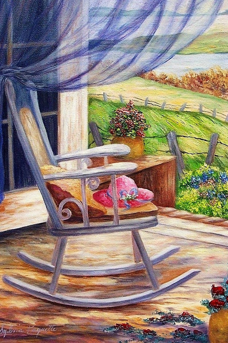 Carte anniversaire Chaise berçante rideau voilé avec un regard sur la nature carte vœux souhait sans texte avec enveloppe blanche a offrir image 2