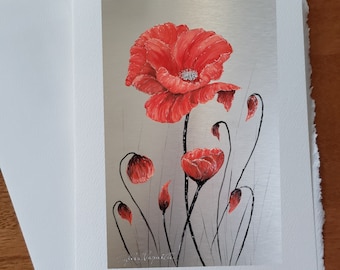 Red poppy flower card with silver heart flower bud with stems birthday card wishes greetings without text with white envelope