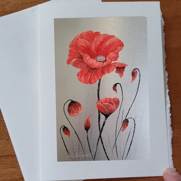 Carte fleur coquelicot rouge au cœur argenté bouton de fleur avec tiges carte d'anniversaire souhait vœux sans texte avec enveloppe blanche