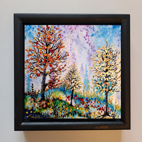 Tableau acrylique Paysage d'automne feuillage d'or cuivre avec montagne fleurs rouge jaune offert en Petit format original