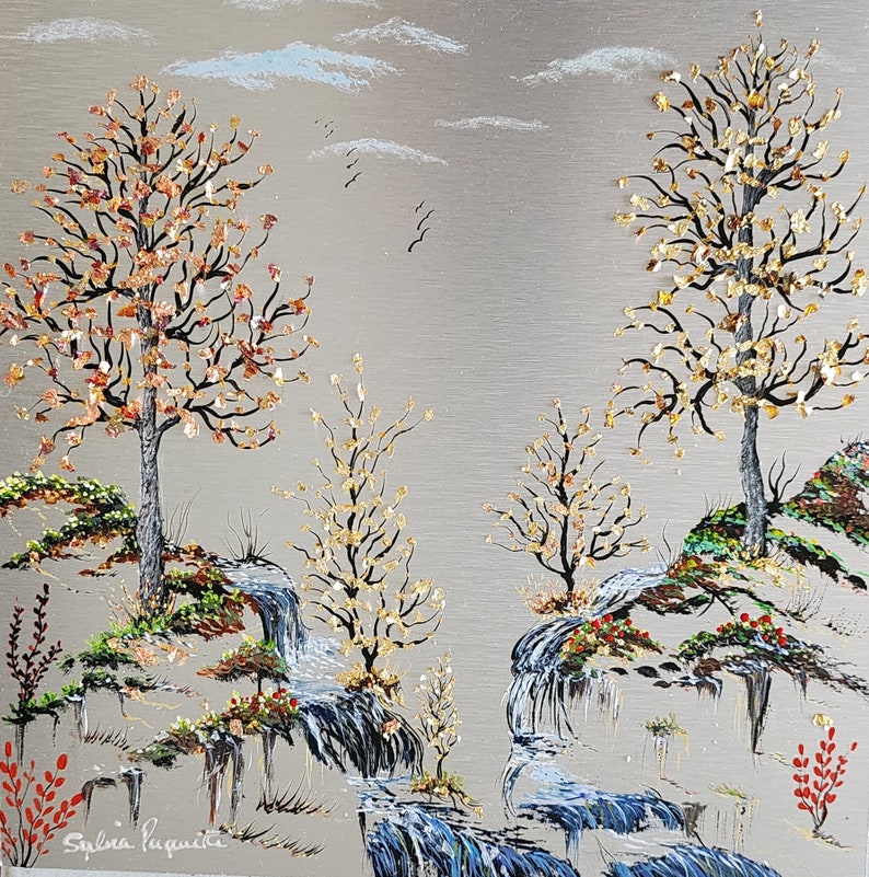 Table Original Painting Autumn Landscape Waterfall Gold Leaves Copper