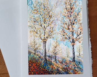 Birthday card Autumn forest mountain leaves gold copper flowers colorful sky greeting card wish without text with white envelope