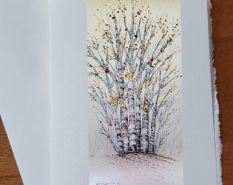 Carte anniversaire arbres bouleaux nature automne avec feuille d'or carte vœux souhait sans texte avec enveloppe blanche à offrir